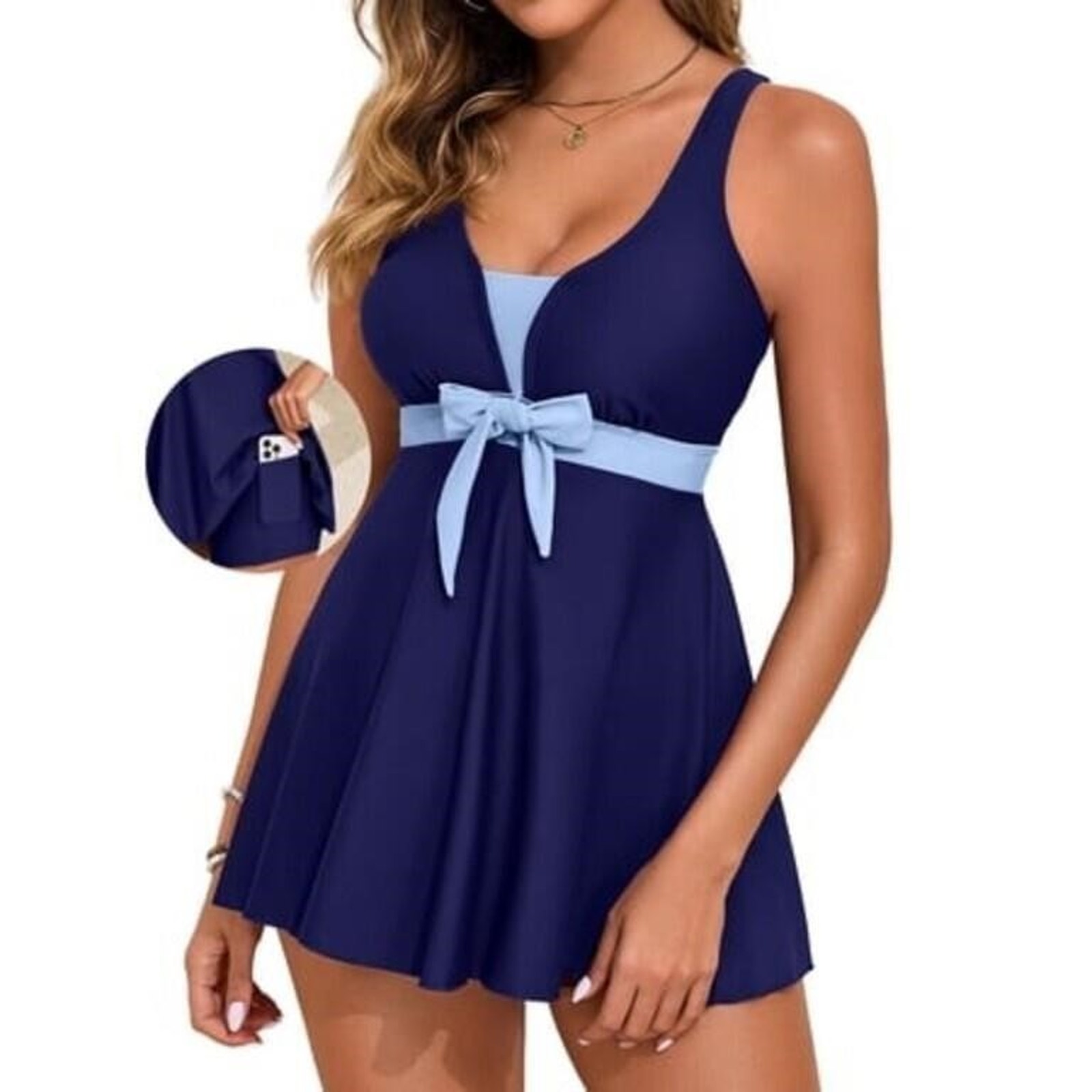 Dokotoo 2 Piece Slimming Tankini Size Medium Swimsuit Tie Knot Swin Dress Blue